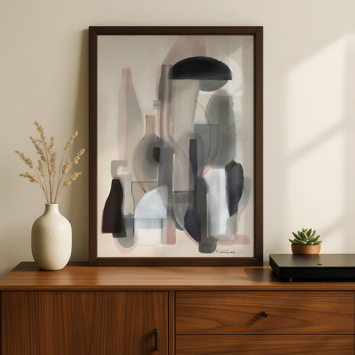 Modern Monochrome Abstract Art Print, Neutral Grey Black Shapes, Contemporary Wall Poster