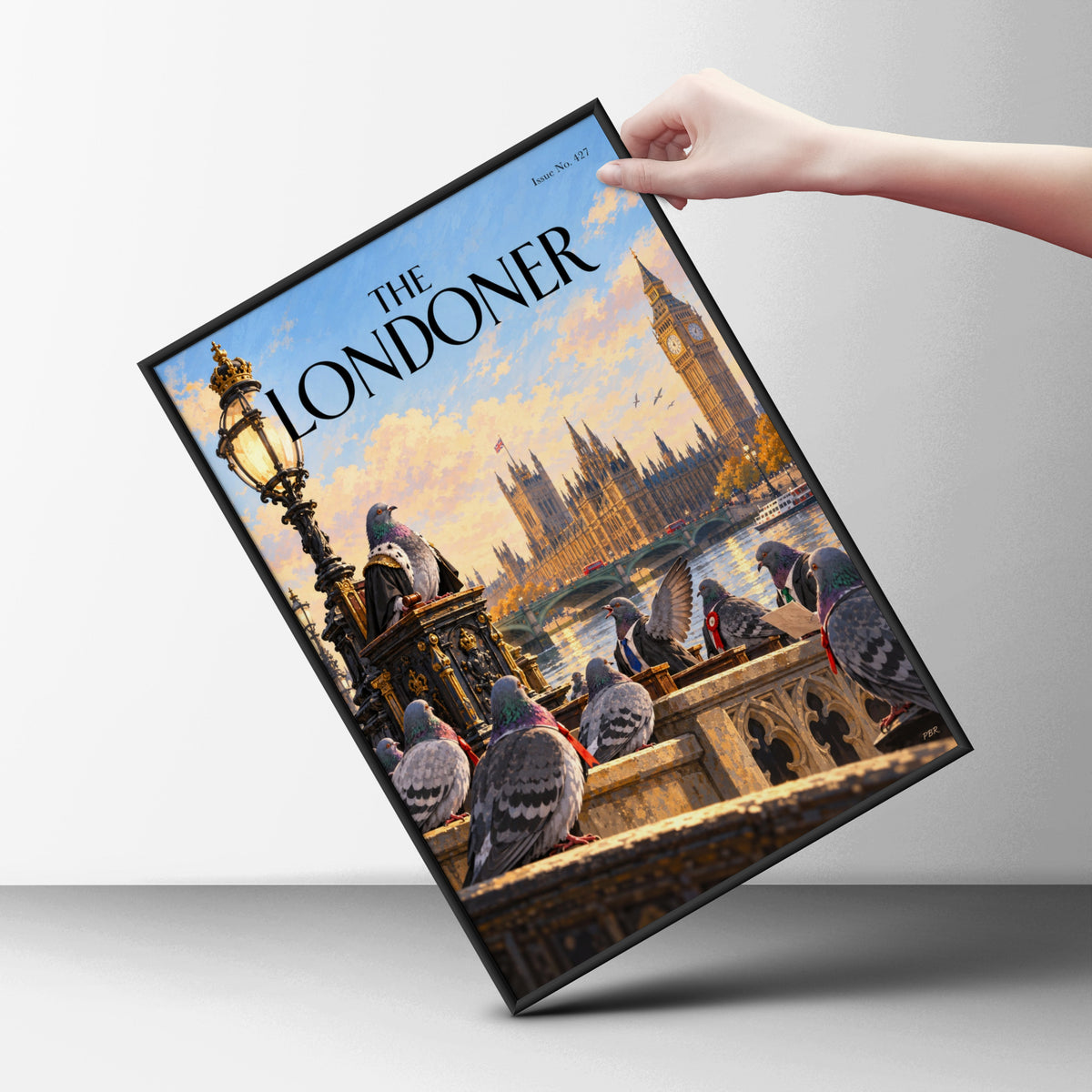 London Pigeon Parliament Poster, Big Ben Wall Art, Westminster Art Print, Funny Magazine Cover Style