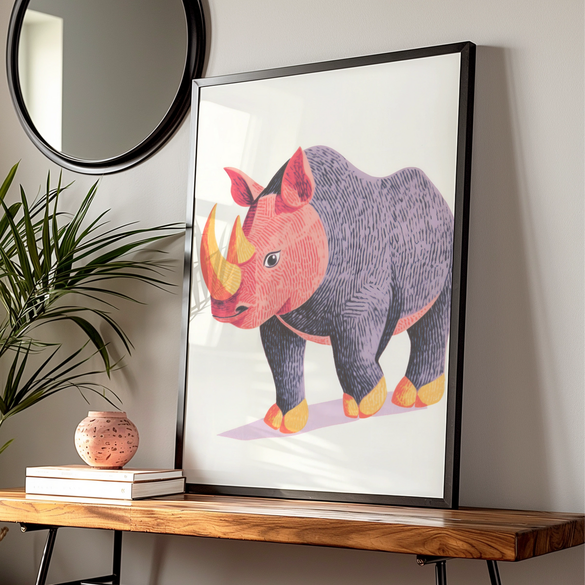 Rhino Nursery Wall Art, Colourful Rhinoceros Print, Kids Animal Poster, Safari Nursery Decor — Digital Download