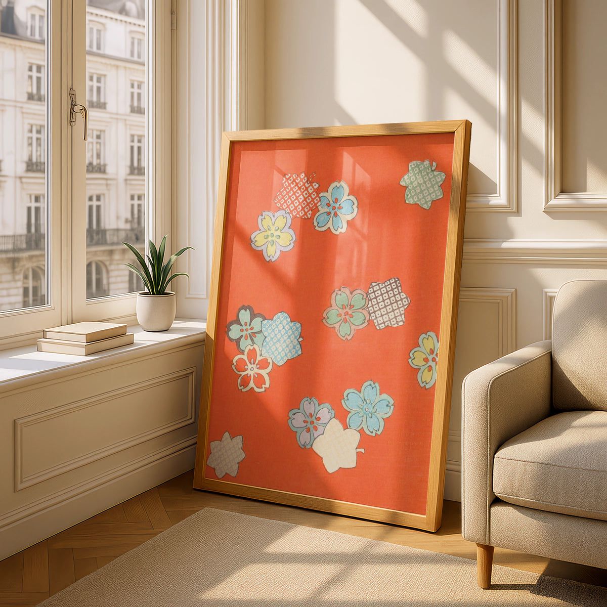 Vintage Japanese Sakura Floral Print, Orange Woodblock Wall Art, Japandi Poster – A5 Oak frame