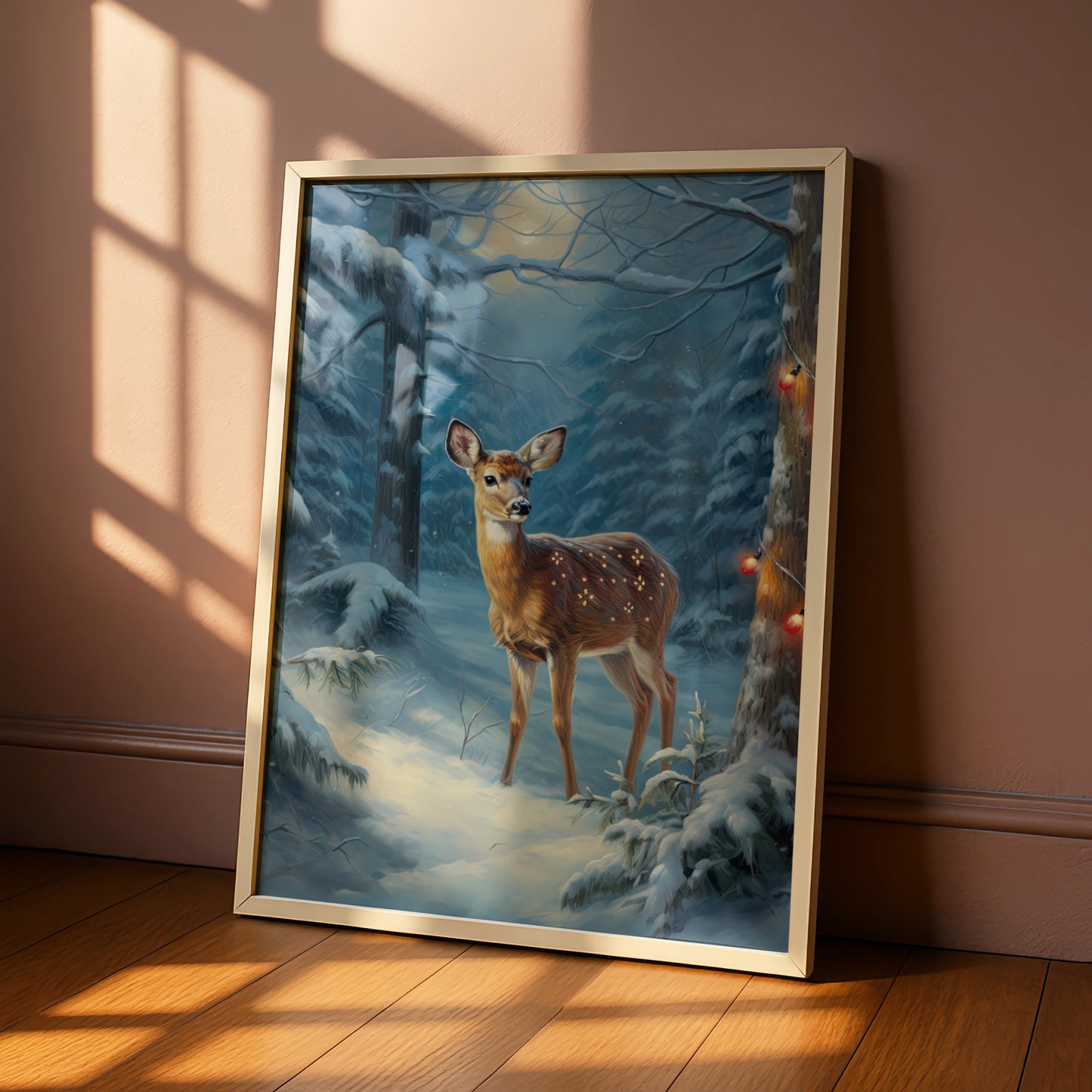 Christmas Deer Poster, Winter Forest Fawn Wall Art, Snowy Woodland Festive Print, Holiday Decor