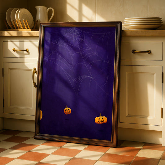 Halloween Pumpkin Spider Web Poster, Jack O Lantern Wall Art, Spooky Purple Print