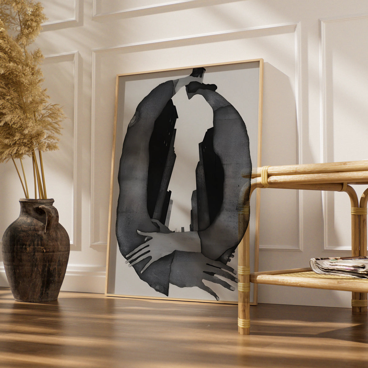 Abstract Figure Embrace Monochrome Wall Art, Black and White Modern Print, Gallery Wall Poster