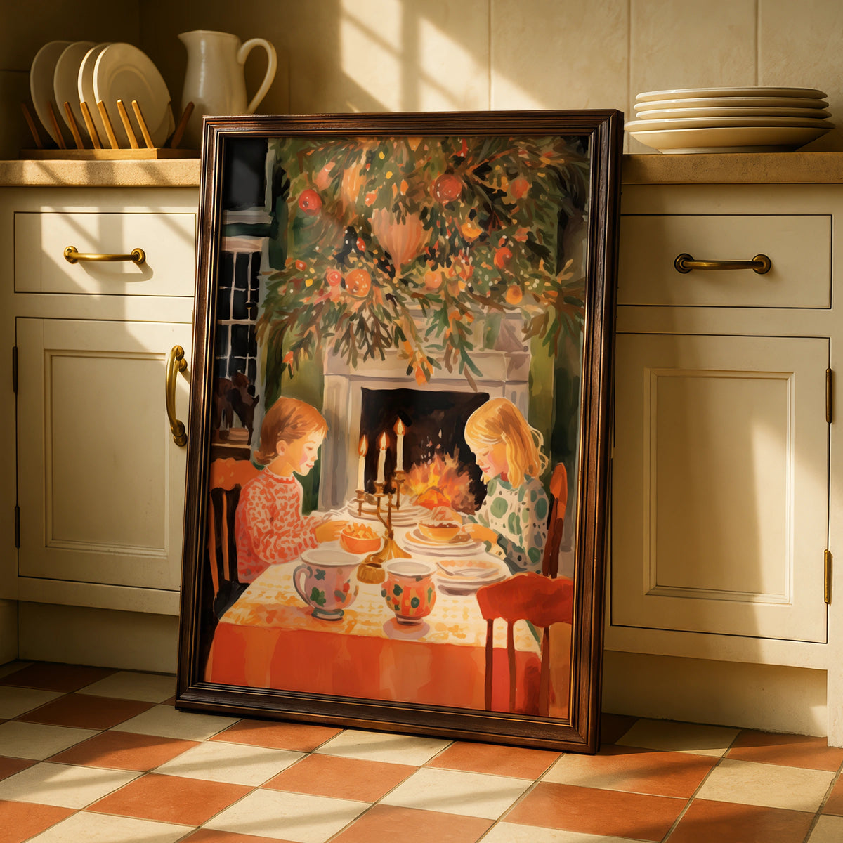 Christmas Dinner Poster, Children by Fireplace, Festive Holiday Wall Art, Cosy Vintage Scene Print