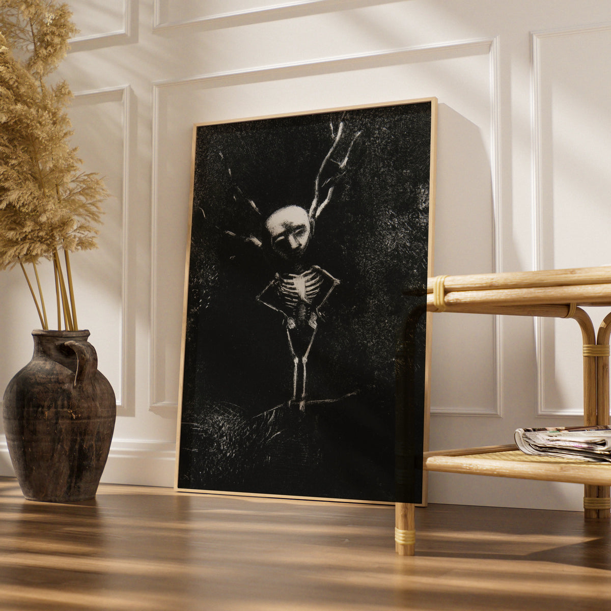 Dark Skeleton Halloween Art Print, Gothic Skull Poster, Spooky Black Wall Art, Occult Macabre Decor