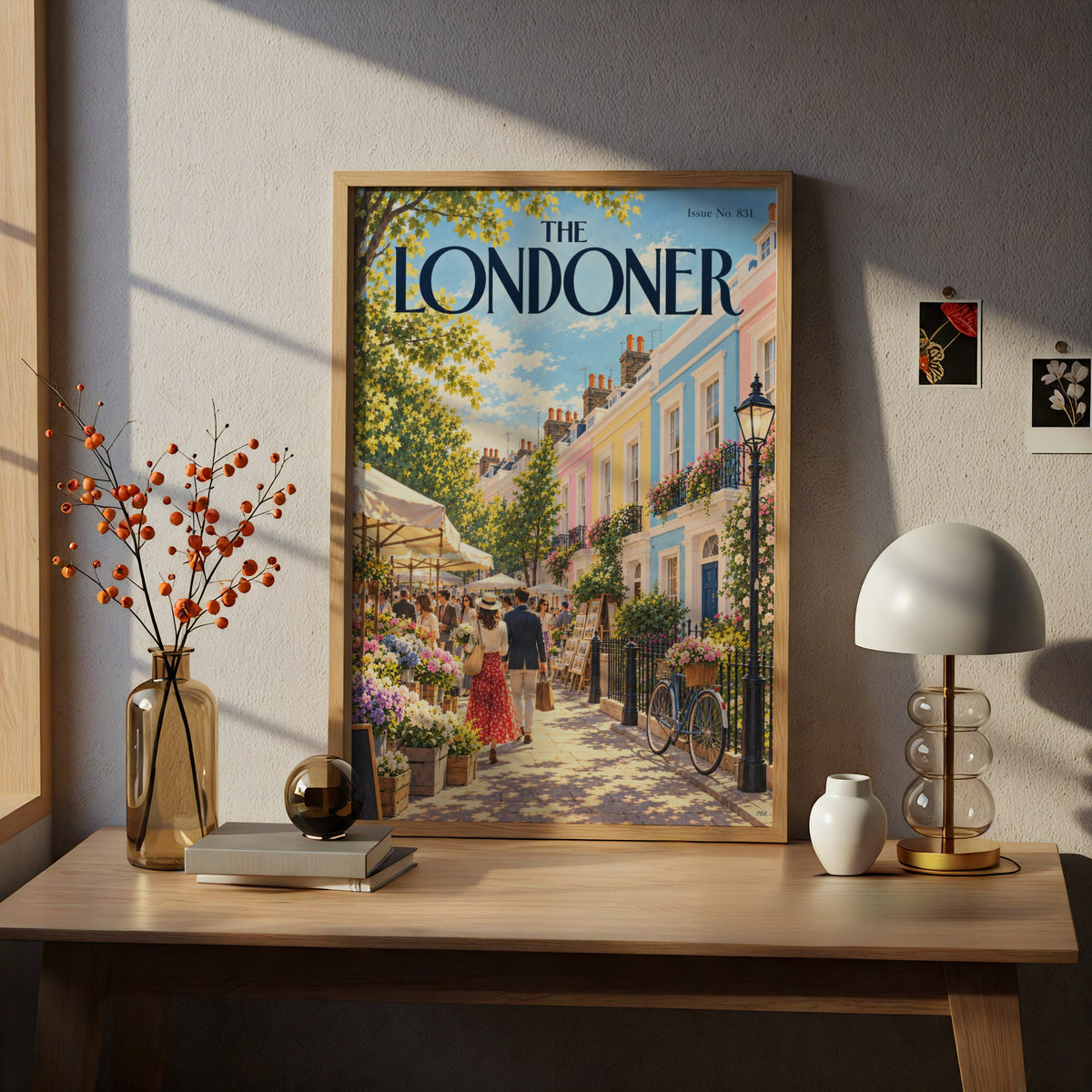 London Street Poster, Pastel Townhouses Flower Market Wall Art, Summer Illustrated Magazine Cover