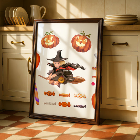 Halloween Wall Art Poster, Witch Pumpkin Ghost Black Cat, Trick or Treat Print
