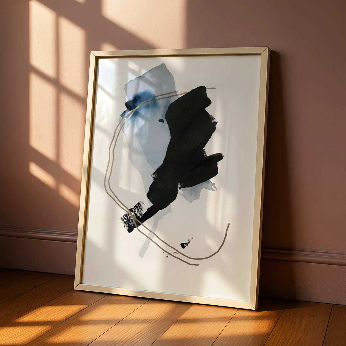 Abstract Monochrome Wall Art, Black Blue Gold Brush Stroke Print, Modern Poster
