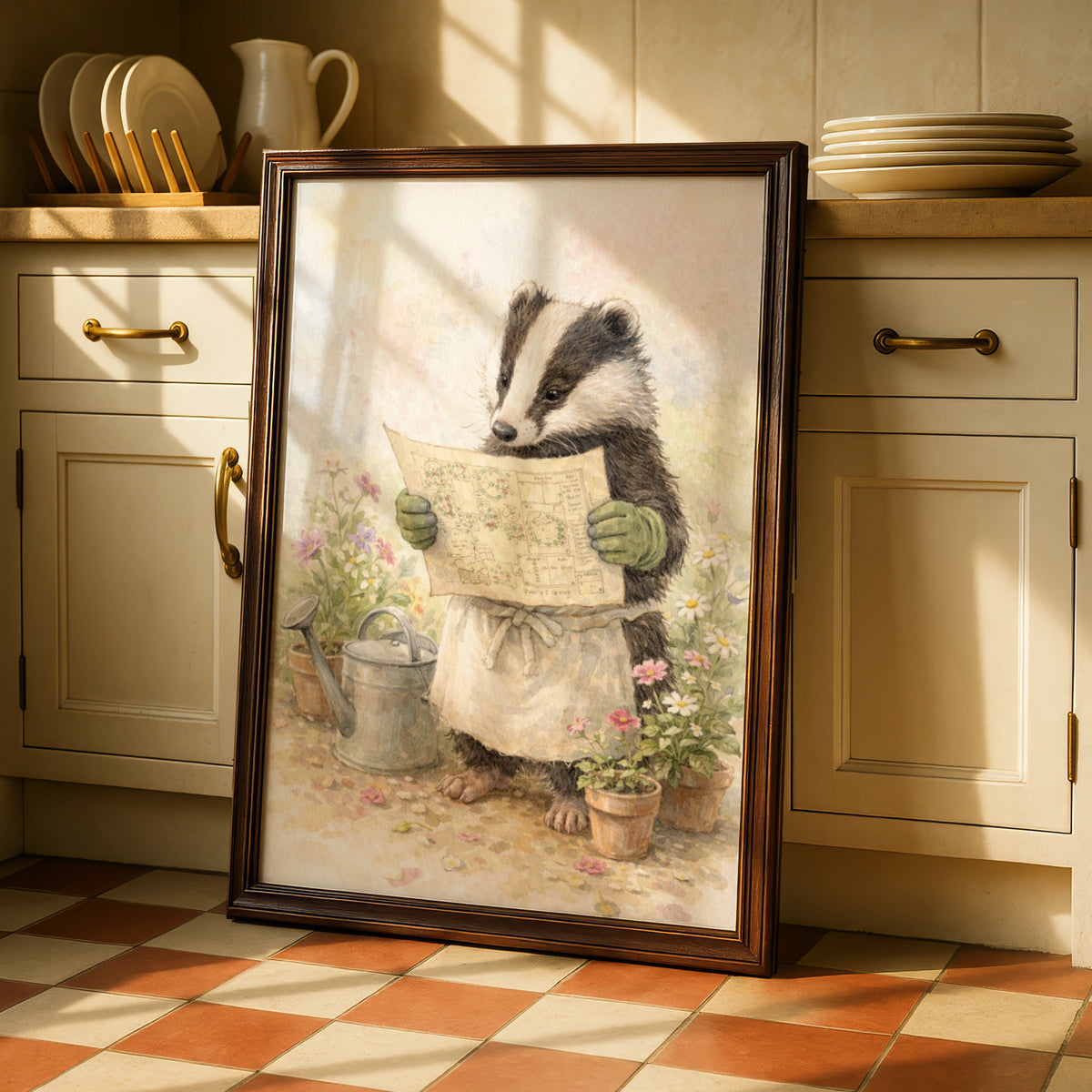 Badger Gardener Watercolour Poster