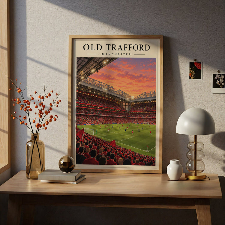 Old Trafford Manchester Poster, Football Stadium Wall Art, Sunset Art Print, Fan Gift for Man Cave