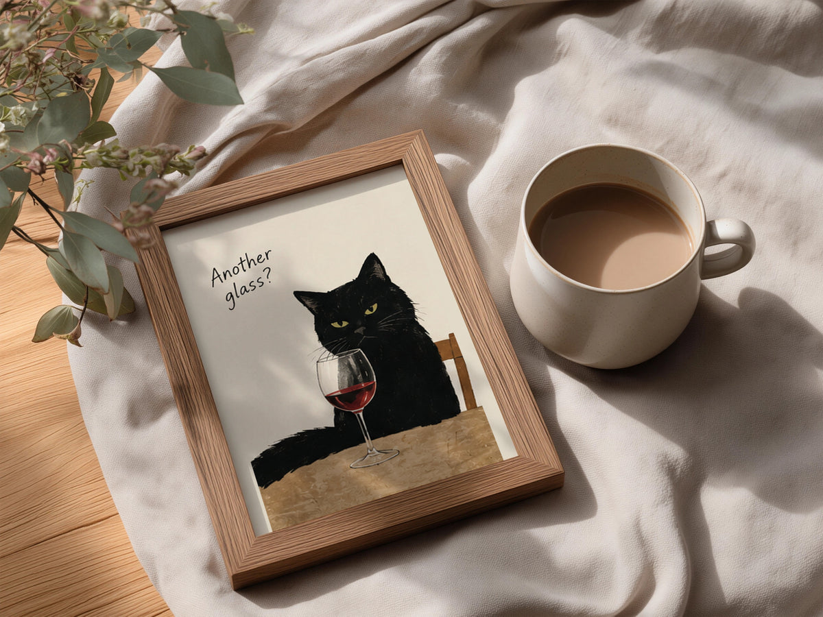 Black Cat Wine Poster, Funny Cat Wall Art, Another Glass Quote Art Print, Kitchen Bar Decor — styling mockup 3