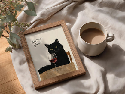 Black Cat Wine Poster, Funny Cat Wall Art, Another Glass Quote Art Print, Kitchen Bar Decor — styling mockup 3