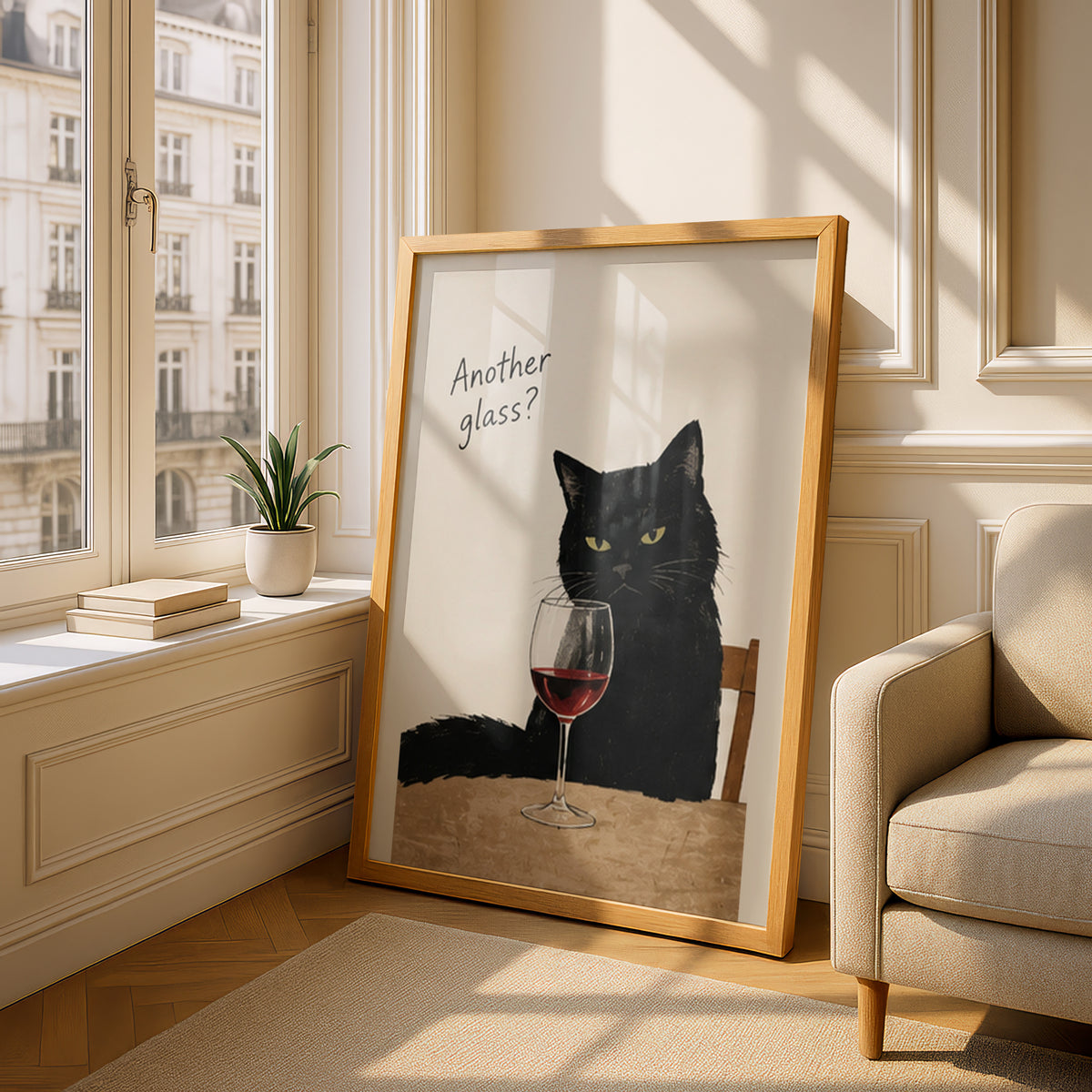 Black Cat Wine Poster, Funny Cat Wall Art, Another Glass Quote Art Print, Kitchen Bar Decor — styling mockup 4