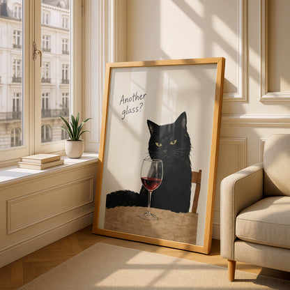 Black Cat Wine Poster, Funny Cat Wall Art, Another Glass Quote Art Print, Kitchen Bar Decor — styling mockup 4