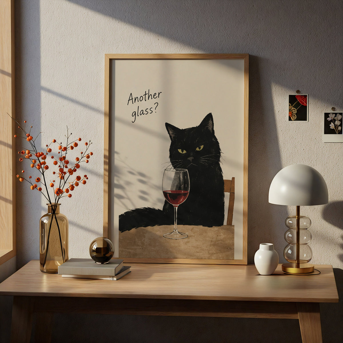 Black Cat Wine Poster, Funny Cat Wall Art, Another Glass Quote Art Print, Kitchen Bar Decor — styling mockup 5