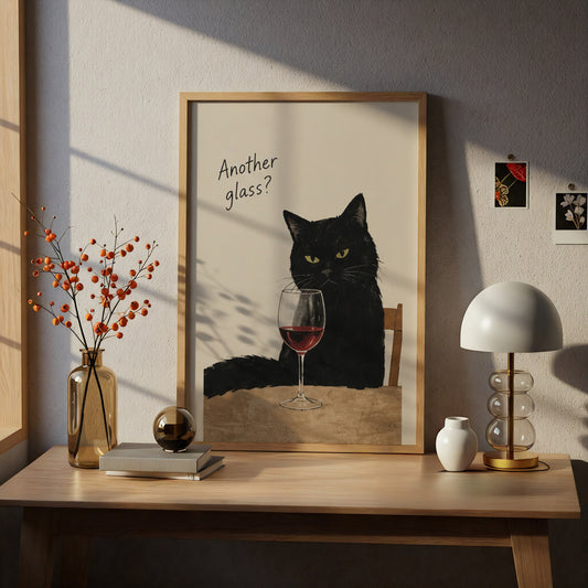 Black Cat Wine Poster, Funny Cat Wall Art, Another Glass Quote Art Print, Kitchen Bar Decor — styling mockup 5