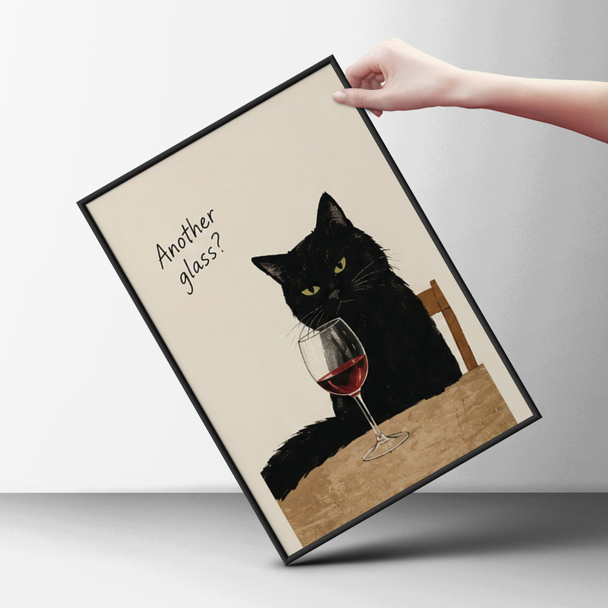 Black Cat Wine Poster, Funny Cat Wall Art, Another Glass Quote Art Print, Kitchen Bar Decor — styling mockup 6