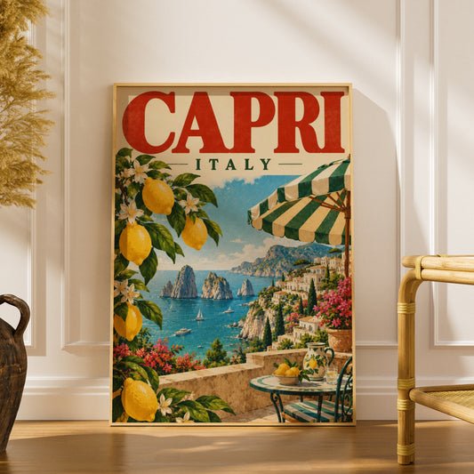 Capri Italy Poster, Vintage Travel Wall Art, Amalfi Coast Lemon Art Print — styling mockup 1