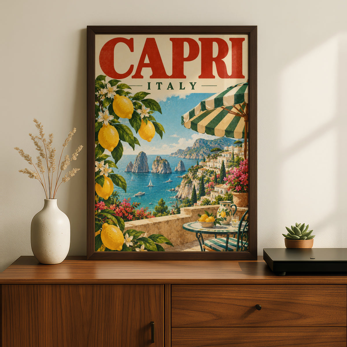 Capri Italy Poster, Vintage Travel Wall Art, Amalfi Coast Lemon Art Print — styling mockup 2