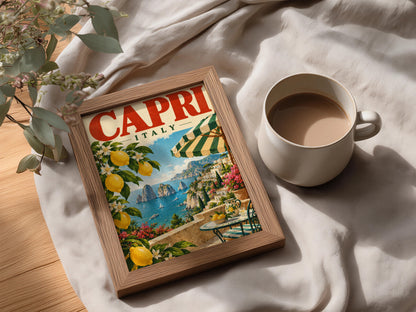 Capri Italy Poster, Vintage Travel Wall Art, Amalfi Coast Lemon Art Print — styling mockup 3