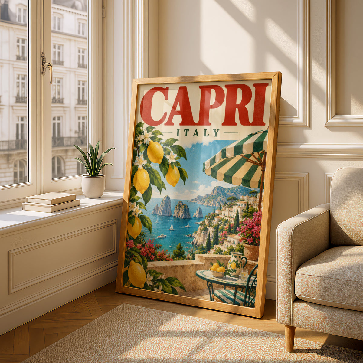 Capri Italy Poster, Vintage Travel Wall Art, Amalfi Coast Lemon Art Print — styling mockup 4