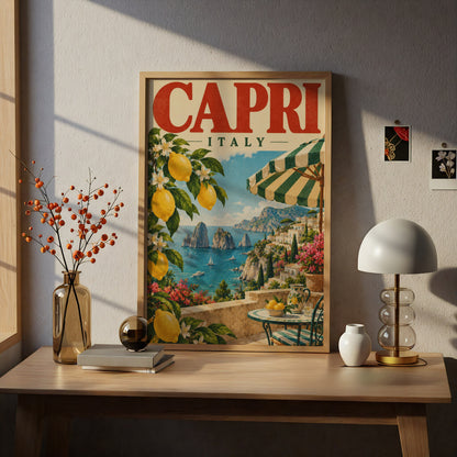 Capri Italy Poster, Vintage Travel Wall Art, Amalfi Coast Lemon Art Print — styling mockup 5
