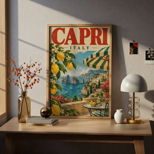 Capri Italy Poster, Vintage Travel Wall Art, Amalfi Coast Lemon Art Print — styling mockup 5