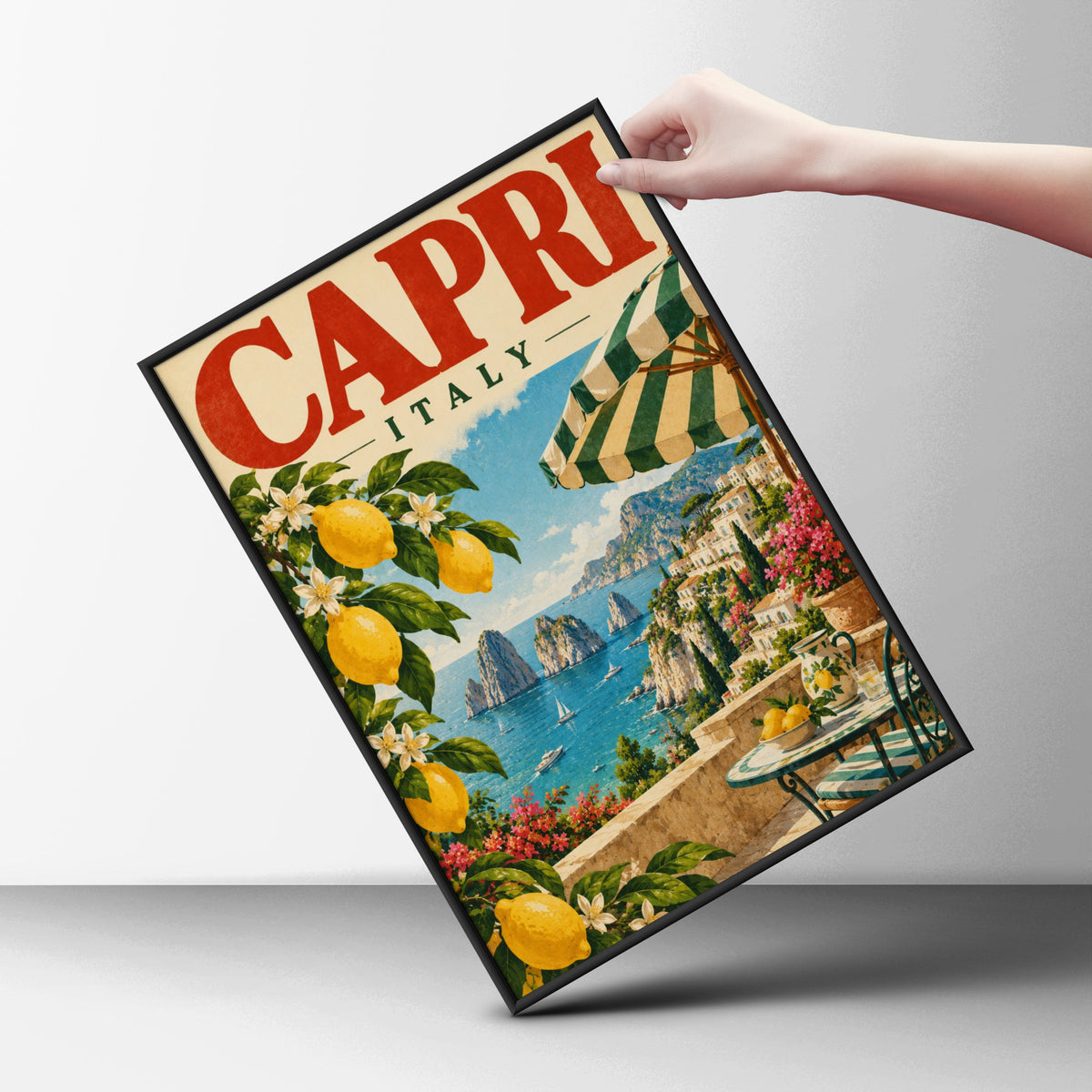 Capri Italy Poster, Vintage Travel Wall Art, Amalfi Coast Lemon Art Print — styling mockup 6