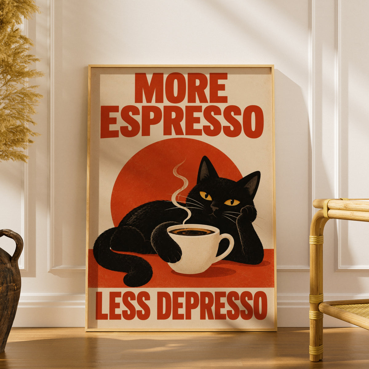 Black Cat Espresso Poster, Funny Coffee Wall Art, Retro Kitchen Art Print, Red Cream Typography — styling mockup 1