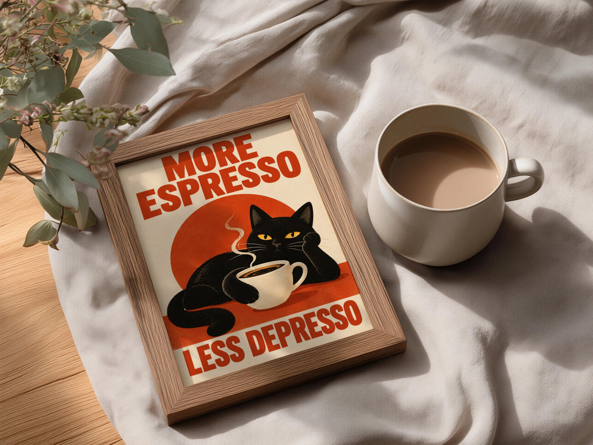 Black Cat Espresso Poster, Funny Coffee Wall Art, Retro Kitchen Art Print, Red Cream Typography — styling mockup 3