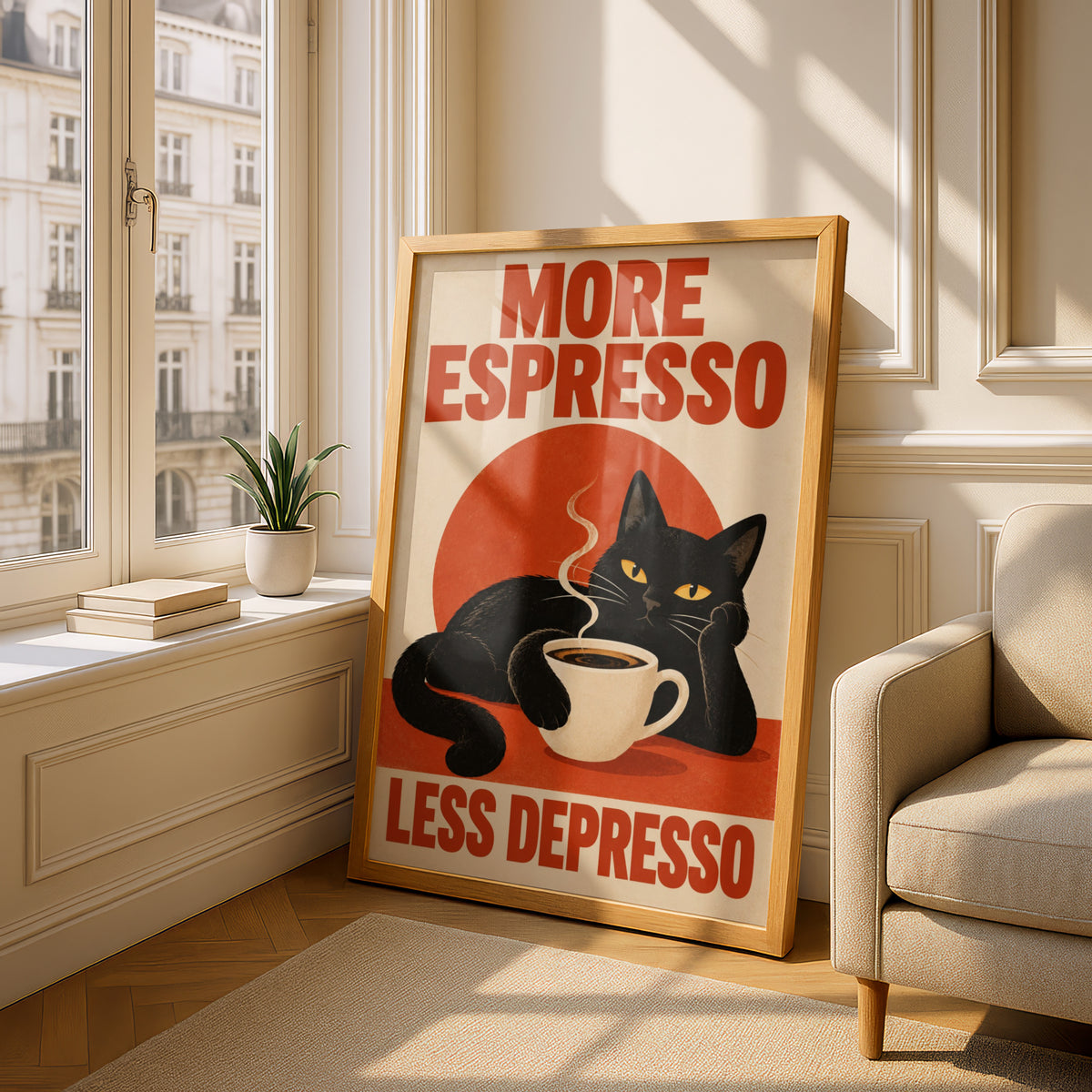 Black Cat Espresso Poster, Funny Coffee Wall Art, Retro Kitchen Art Print, Red Cream Typography — styling mockup 4