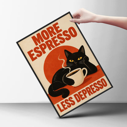 Black Cat Espresso Poster, Funny Coffee Wall Art, Retro Kitchen Art Print, Red Cream Typography — styling mockup 6
