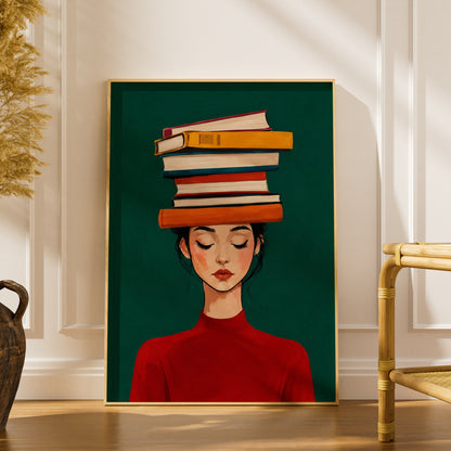Woman Balancing Books on Head Poster, Bookish Wall Art Print, Green Red Illustration, Library Decor — styling mockup 1