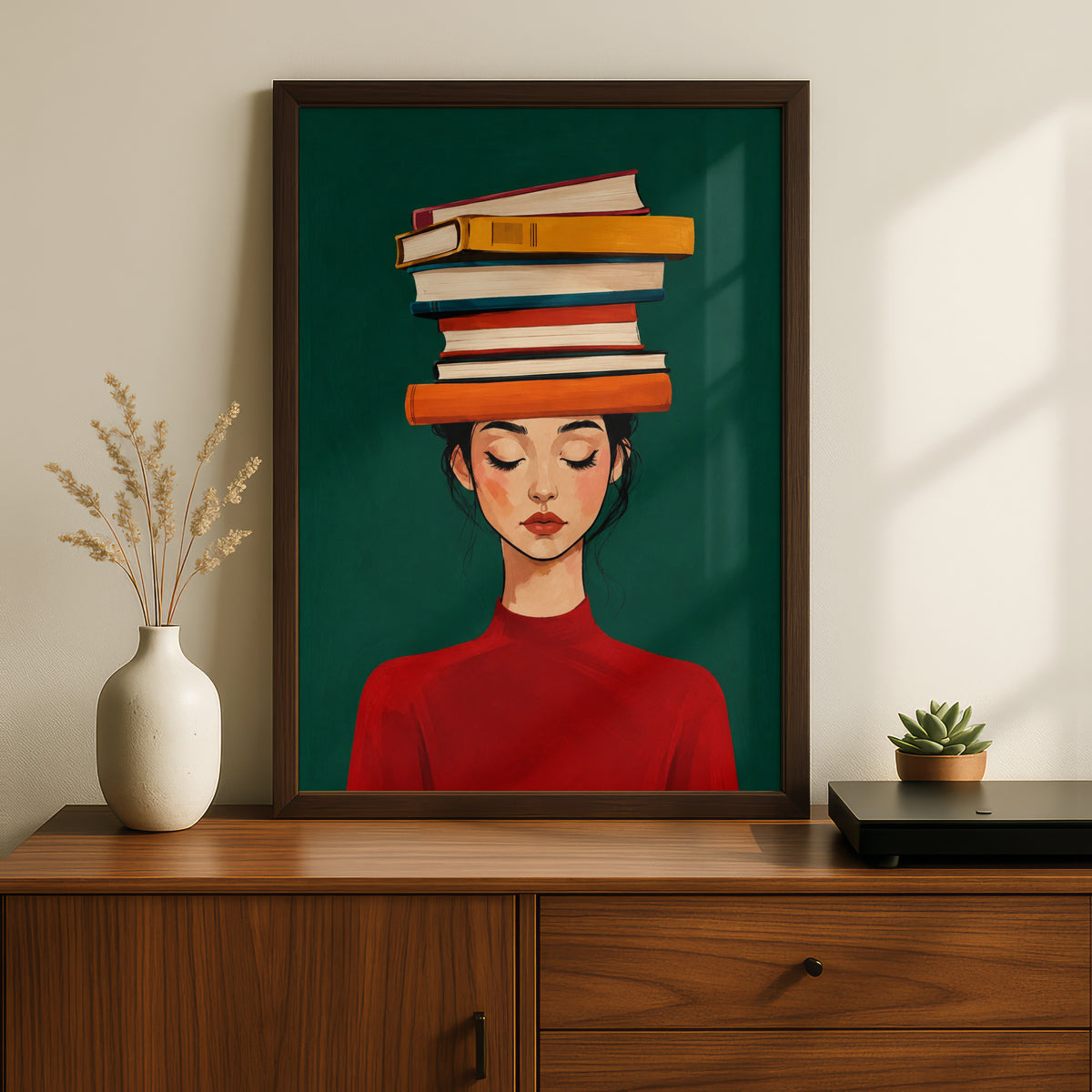 Woman Balancing Books on Head Poster, Bookish Wall Art Print, Green Red Illustration, Library Decor — styling mockup 2