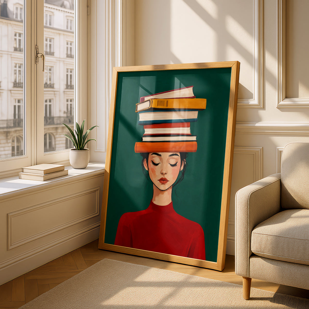 Woman Balancing Books on Head Poster, Bookish Wall Art Print, Green Red Illustration, Library Decor — styling mockup 4