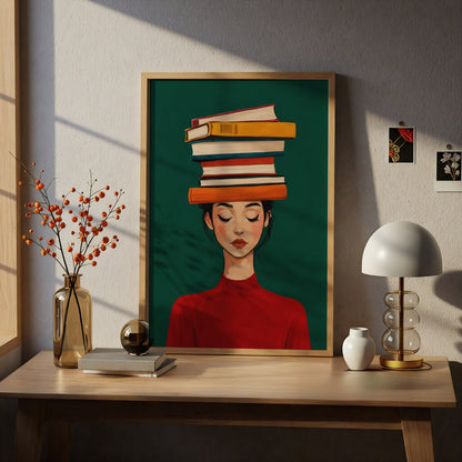 Woman Balancing Books on Head Poster, Bookish Wall Art Print, Green Red Illustration, Library Decor — styling mockup 5