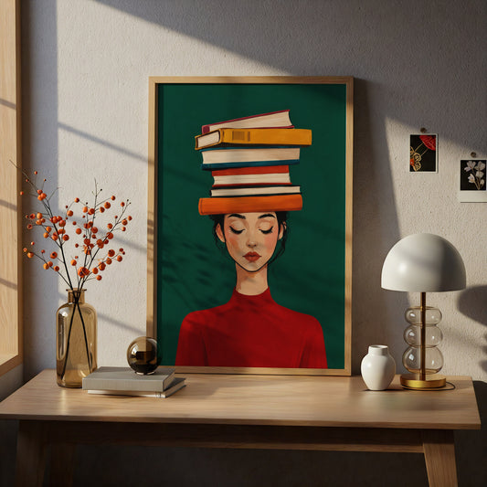 Woman Balancing Books on Head Poster, Bookish Wall Art Print, Green Red Illustration, Library Decor — styling mockup 5