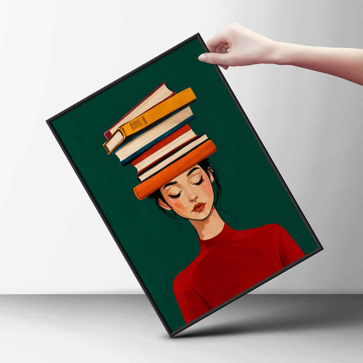 Woman Balancing Books on Head Poster, Bookish Wall Art Print, Green Red Illustration, Library Decor — styling mockup 6