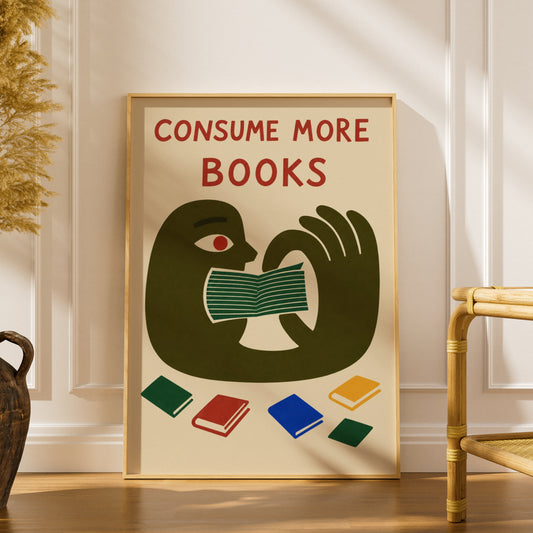 Consume More Books Poster, Reading Wall Art, Retro Illustrated Book Lover Art Print, Library Decor — styling mockup 1