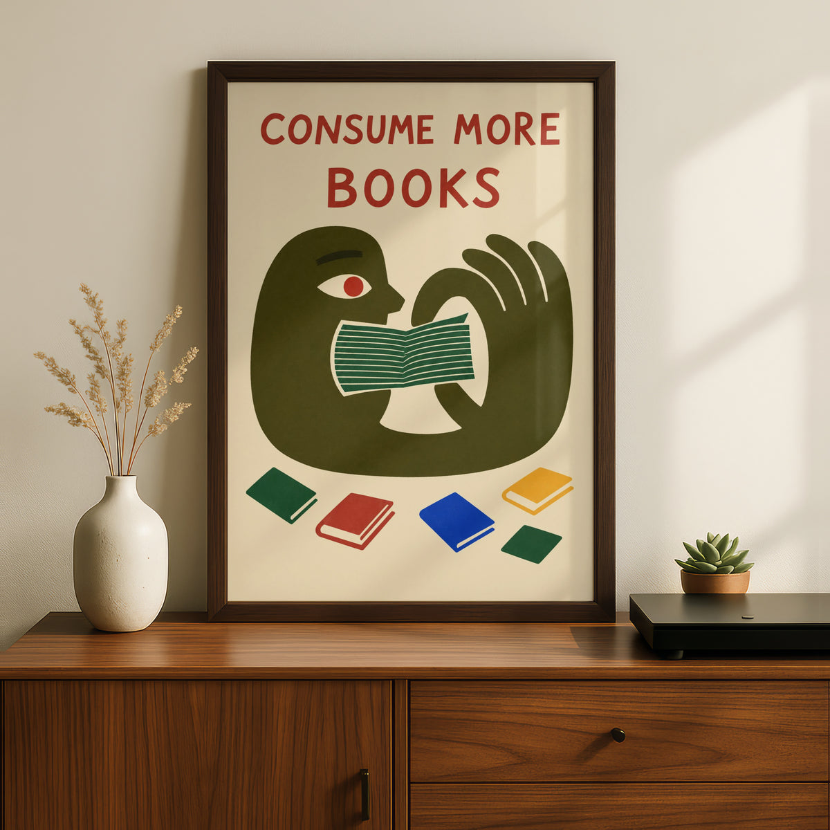 Consume More Books Poster, Reading Wall Art, Retro Illustrated Book Lover Art Print, Library Decor — styling mockup 2