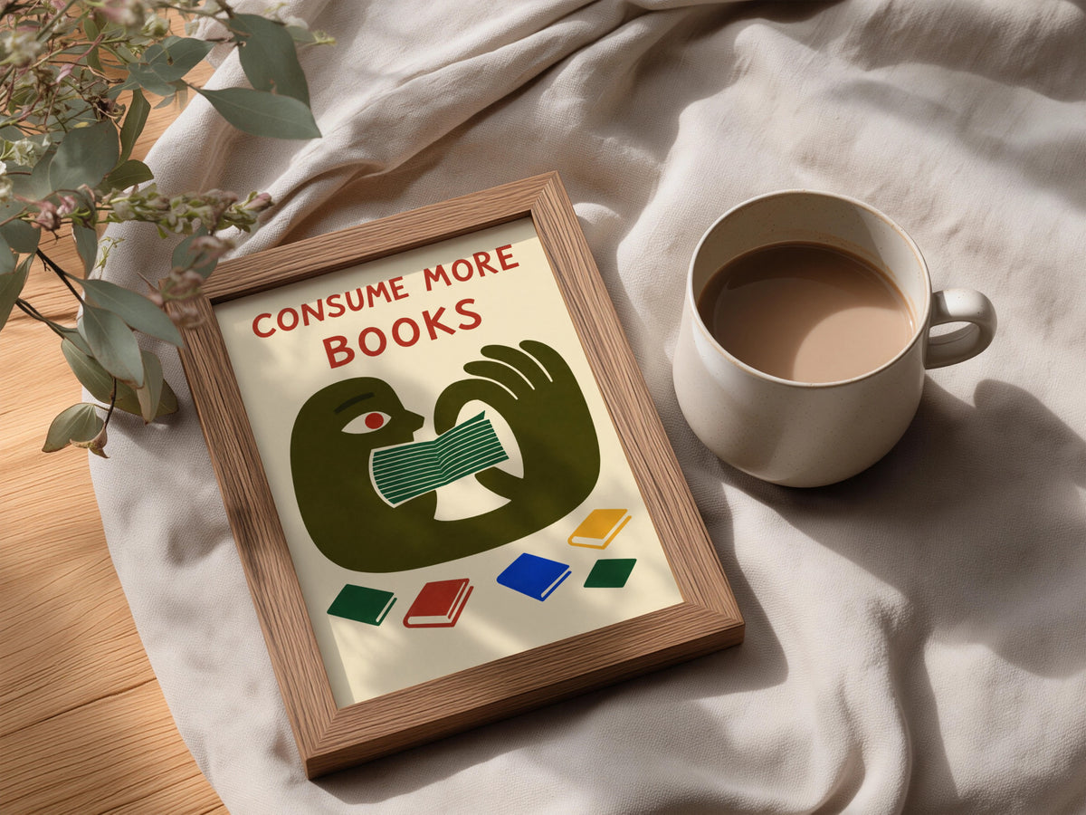 Consume More Books Poster, Reading Wall Art, Retro Illustrated Book Lover Art Print, Library Decor — styling mockup 3