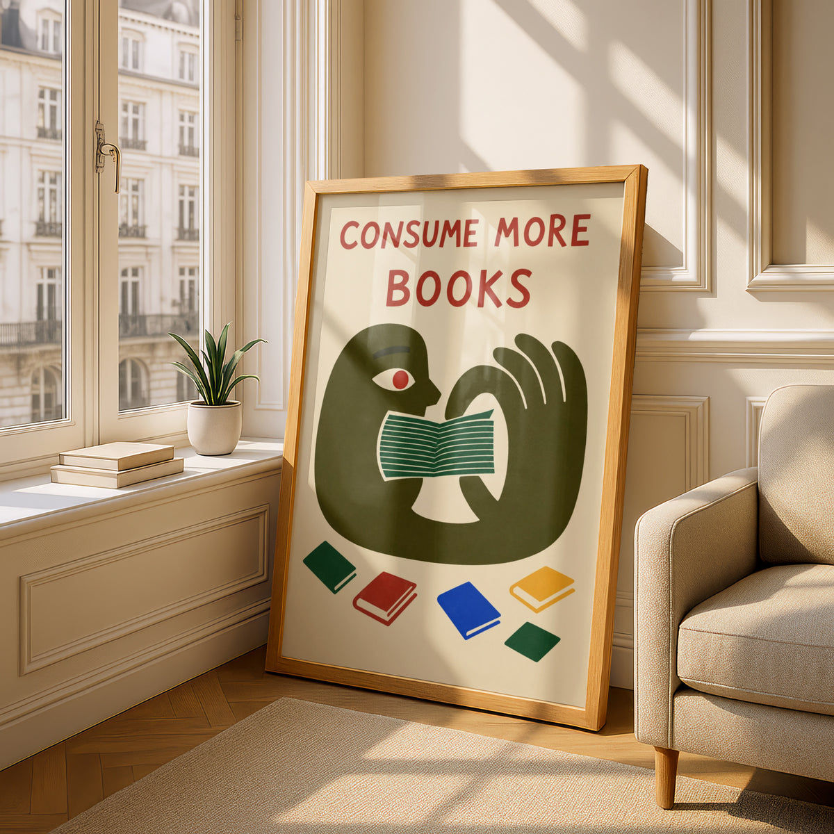 Consume More Books Poster, Reading Wall Art, Retro Illustrated Book Lover Art Print, Library Decor — styling mockup 4