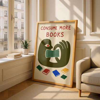 Consume More Books Poster, Reading Wall Art, Retro Illustrated Book Lover Art Print, Library Decor — styling mockup 4