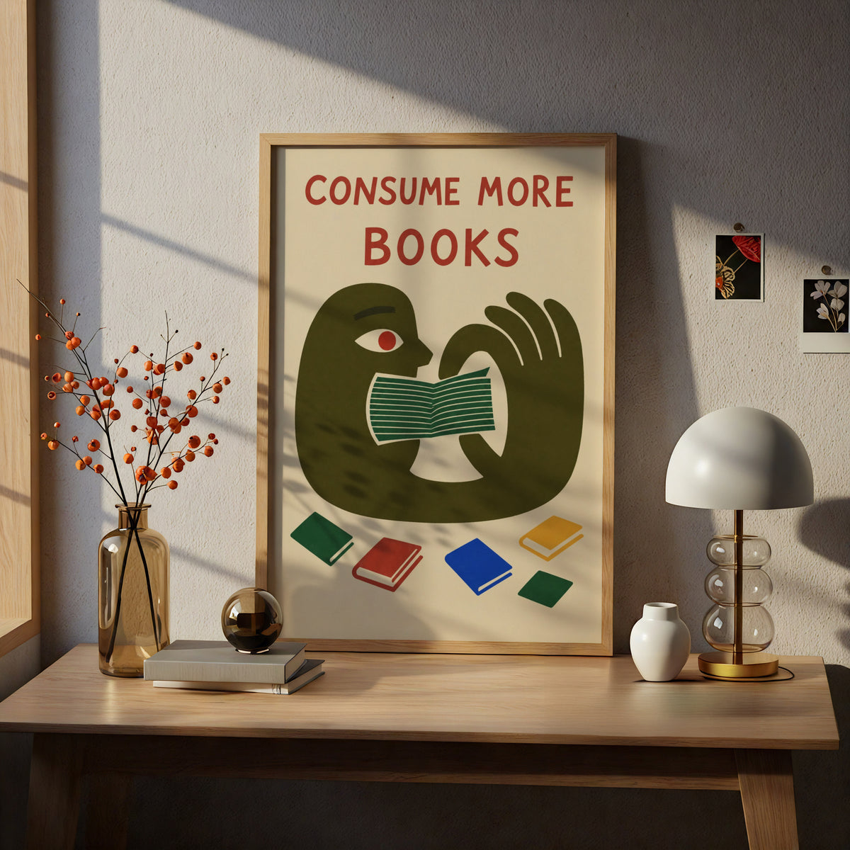 Consume More Books Poster, Reading Wall Art, Retro Illustrated Book Lover Art Print, Library Decor — styling mockup 5