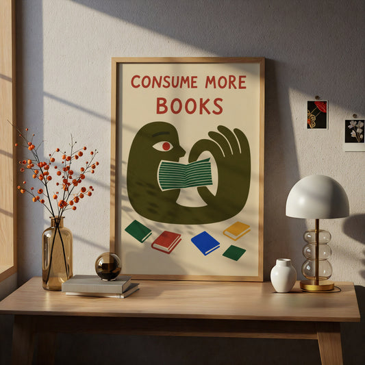 Consume More Books Poster, Reading Wall Art, Retro Illustrated Book Lover Art Print, Library Decor — styling mockup 5