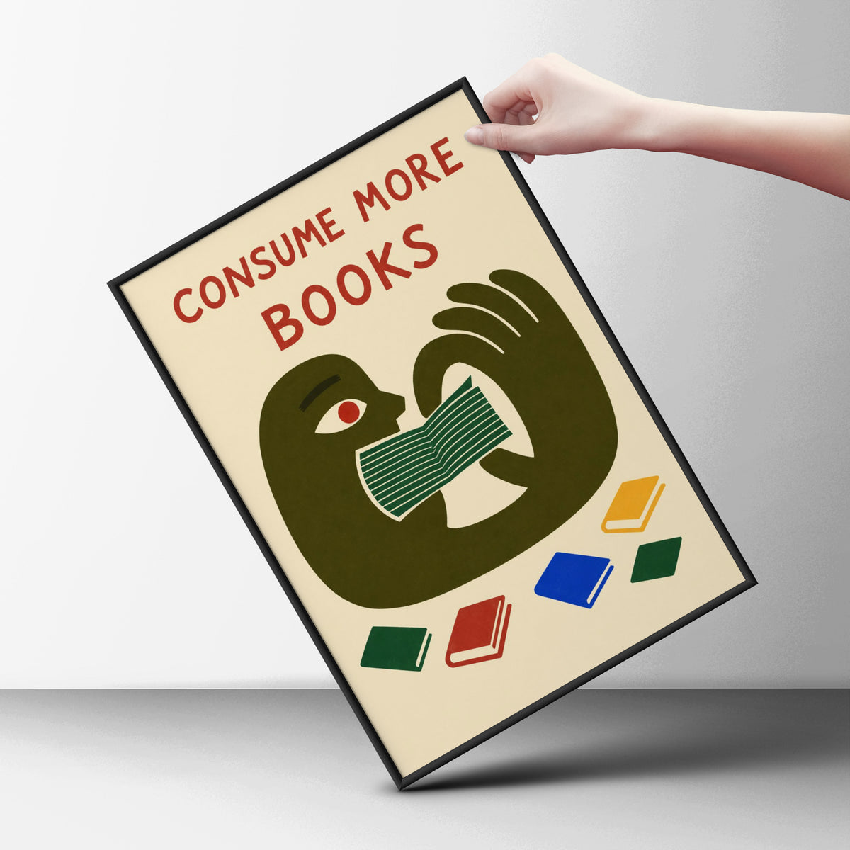 Consume More Books Poster, Reading Wall Art, Retro Illustrated Book Lover Art Print, Library Decor — styling mockup 6