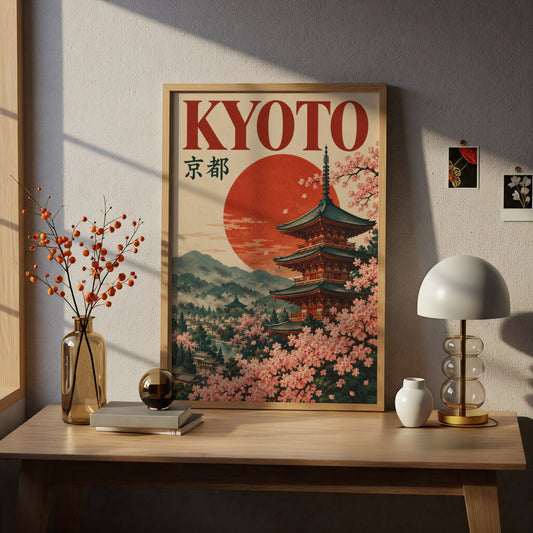 Kyoto Pagoda Poster, Japanese Wall Art, Cherry Blossom Print, Vintage Travel Poster, Red Sun Decor — styling mockup 5