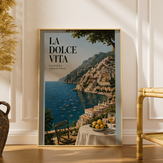 La Dolce Vita Amalfi Coast Poster, Italian Coastal Wall Art, Lemon Terrace Vintage Travel Print — styling mockup 1