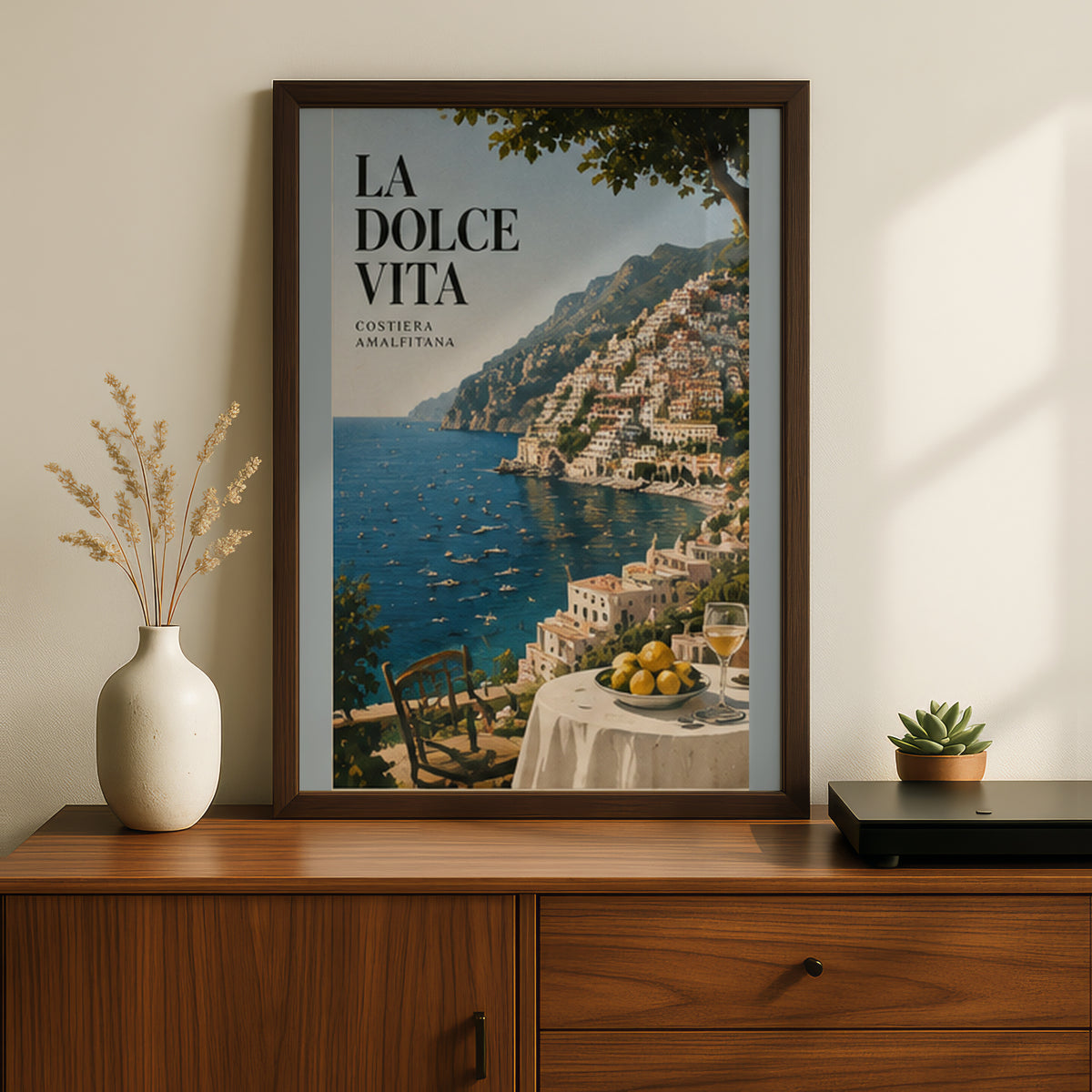 La Dolce Vita Amalfi Coast Poster, Italian Coastal Wall Art, Lemon Terrace Vintage Travel Print — styling mockup 2