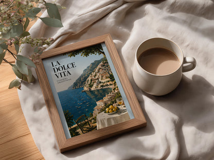 La Dolce Vita Amalfi Coast Poster, Italian Coastal Wall Art, Lemon Terrace Vintage Travel Print — styling mockup 3